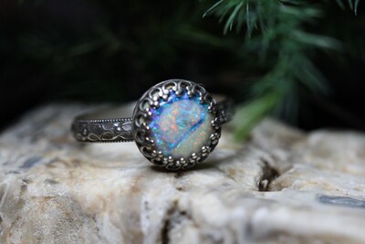 Opal Ring * Solid Sterling Silver Ring* Floral Band * Full Moon * 10mm Monarch Opal *  Any Size - image1